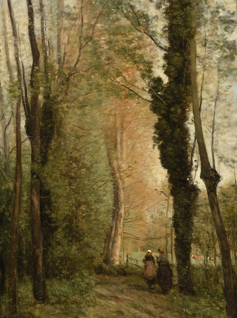 Paisagem de árvores na primavera, óleo sobre tela de Jean-Baptiste-Camille Corot