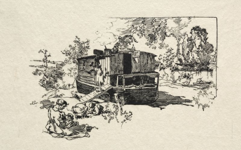 Grabado de Auguste Louis Lepère que muestra un barco con ocupantes en el agua