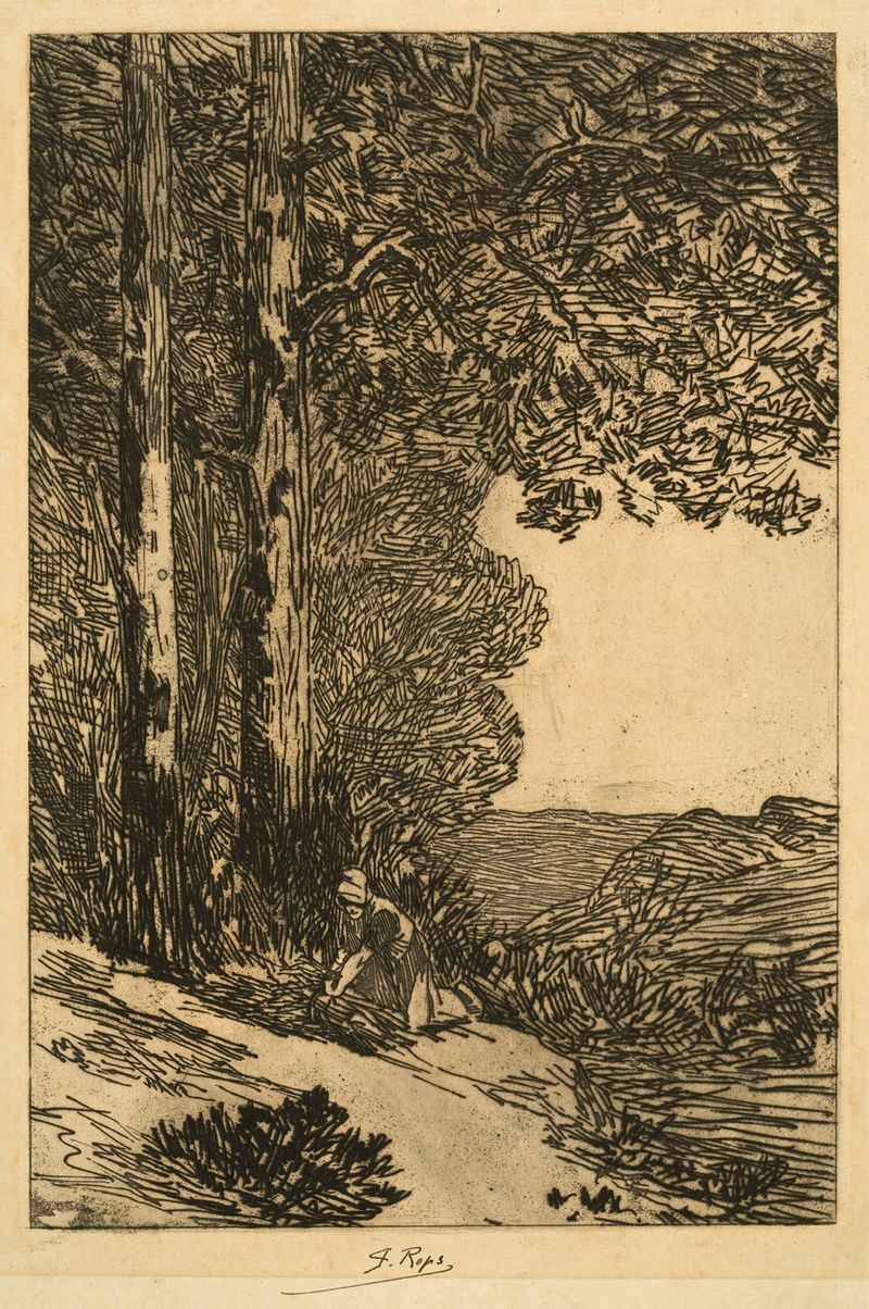 La mujer leñadora de Louis Dubois, óleo mostrando a una mujer en un bosque.