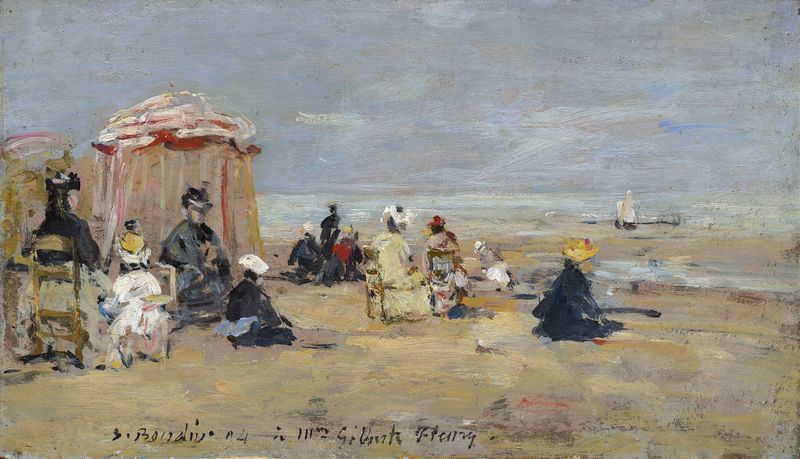 On the Beach de Eugène Boudin, óleo sobre tela mostrando silhuetas na costa e mar cintilante.