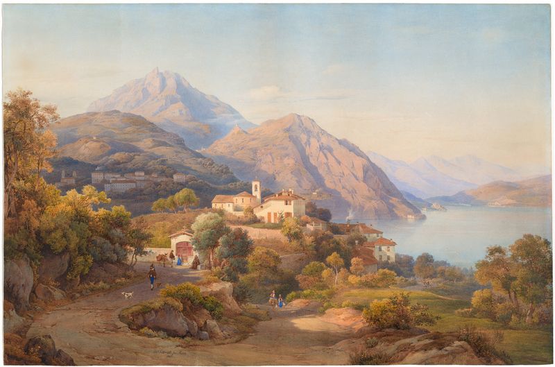 A Summer Evening at the Lago Maggiore, óleo sobre lienzo de Hermann David Salomon Corrodi, con un lago tranquilo y viajeros.