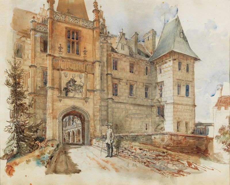 Ponte e Entrada do Castelo de Žleby, óleo sobre tela de Rudolf von Alt