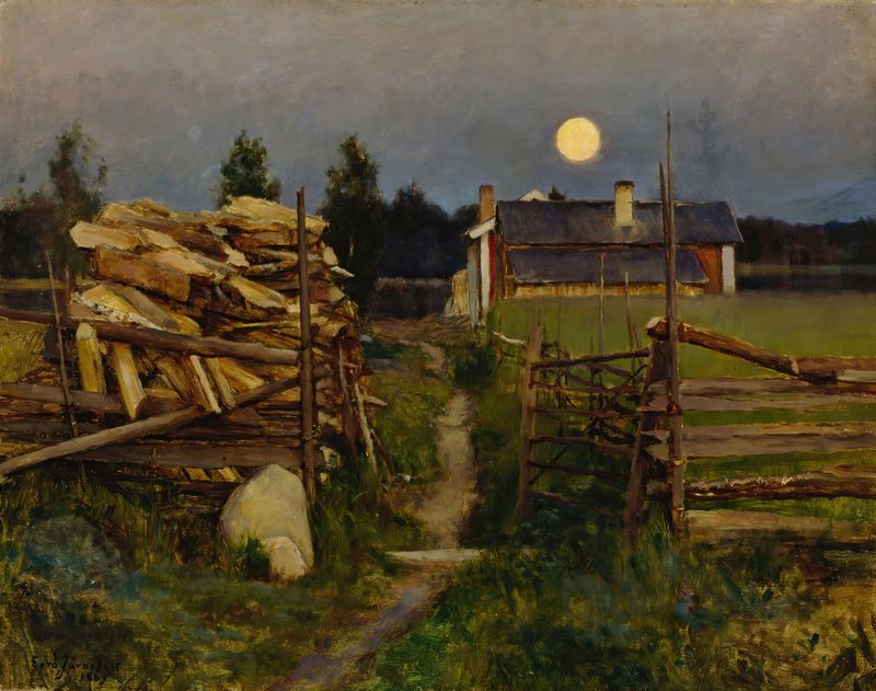 Summer Night Moon by Eero Järnefelt, oil painting depicting a twilight landscape with a luminous moon.