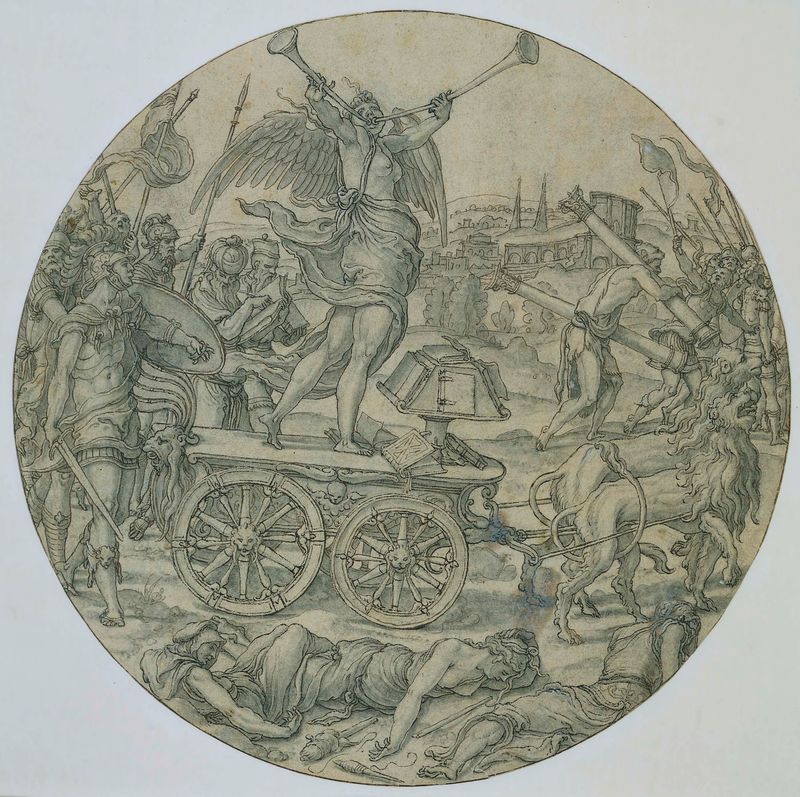 Allegorical figure of Fame in oil on panel by Pieter Coecke van Aelst