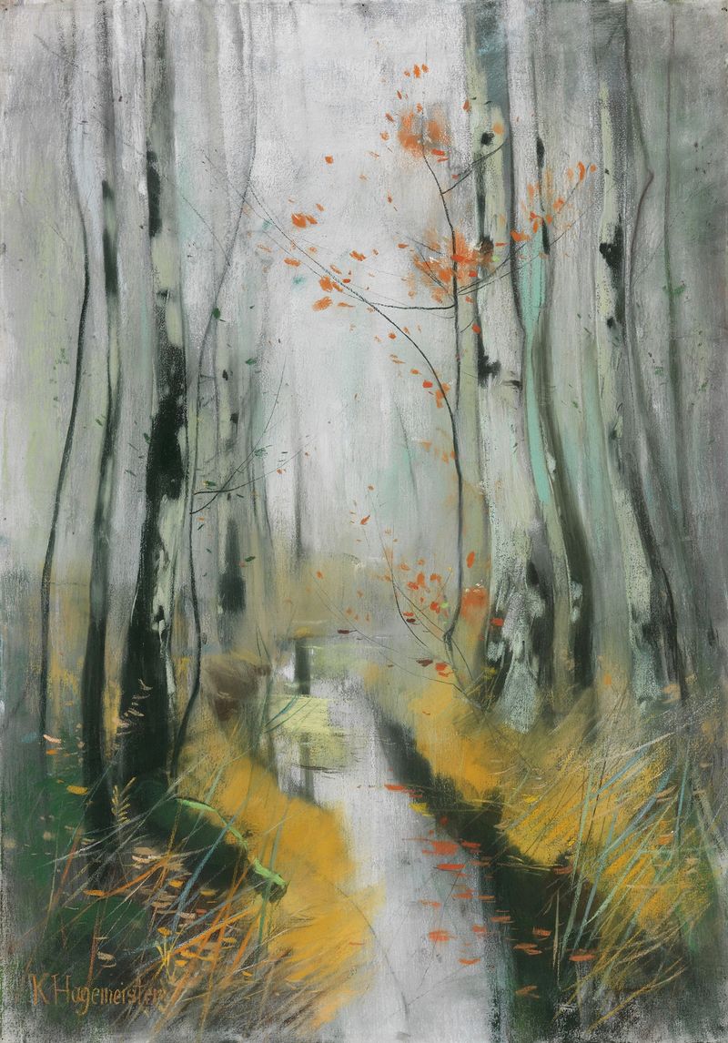 Birken im Herbst am Bachlauf de Karl Hagemeister, óleo sobre tela que retrata bétulas à beira de um rio no outono.
