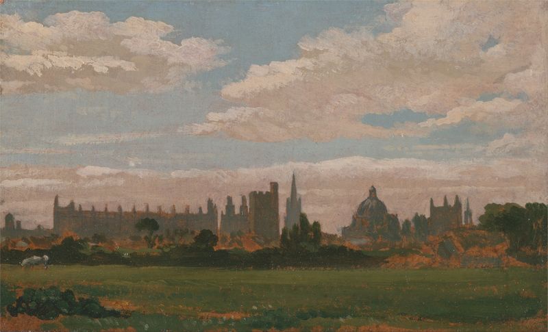A View of Oxford by William Turner of Oxford, oil on canvas depicting a landscape with spires and river.