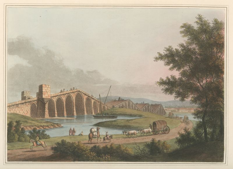Ponte grande de Luigi Mayer, óleo sobre lienzo que representa un puente sobre un río en tonos apagados.