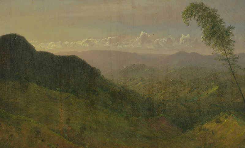 Hilly Landscape de Frederic Edwin Church, pintura al óleo que muestra colinas ondulantes bajo luz dorada.
