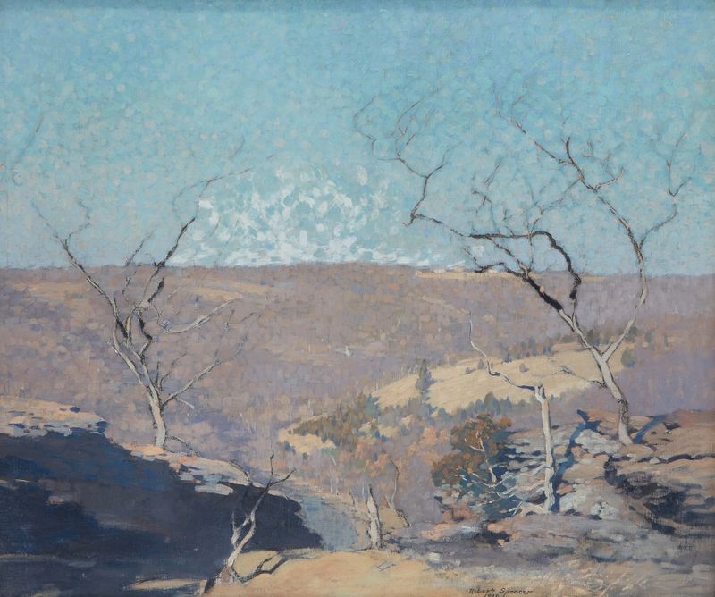 Tohickon Valley, oil on canvas by Robert Spencer, depicting a serene landscape with a river and horizon.