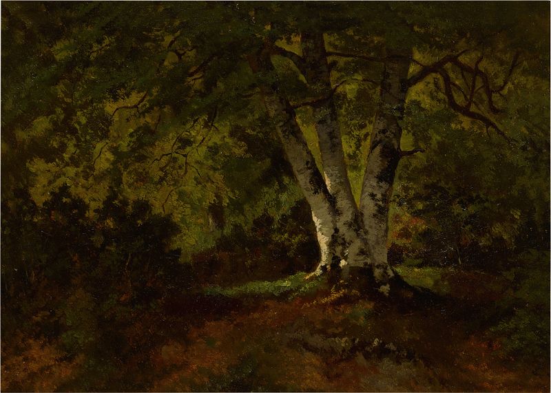 L’arbre aux trois troncs de Paul-Camille Guigou, pintura al óleo que muestra troncos de árbol entrelazados.