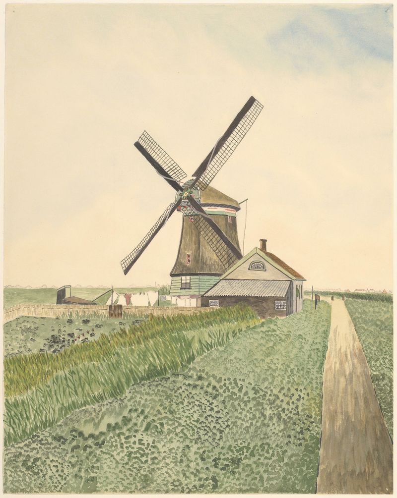 Molen De Woudaap de Johannes Nicolaas Eijman, óleo sobre lienzo que muestra un molino y un paisaje sereno.