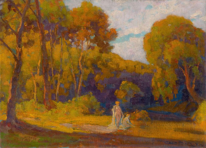 At Sunset by Ľudovít Čordák, oil painting depicting a warm twilight landscape.