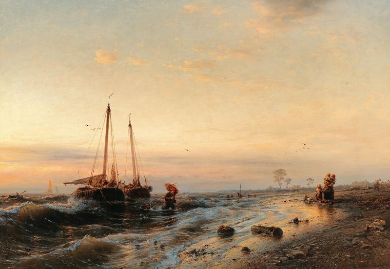 The Arrival of the Fishing Boats by Eduard Hildebrandt, oil painting depicting weathered boats on the ocean