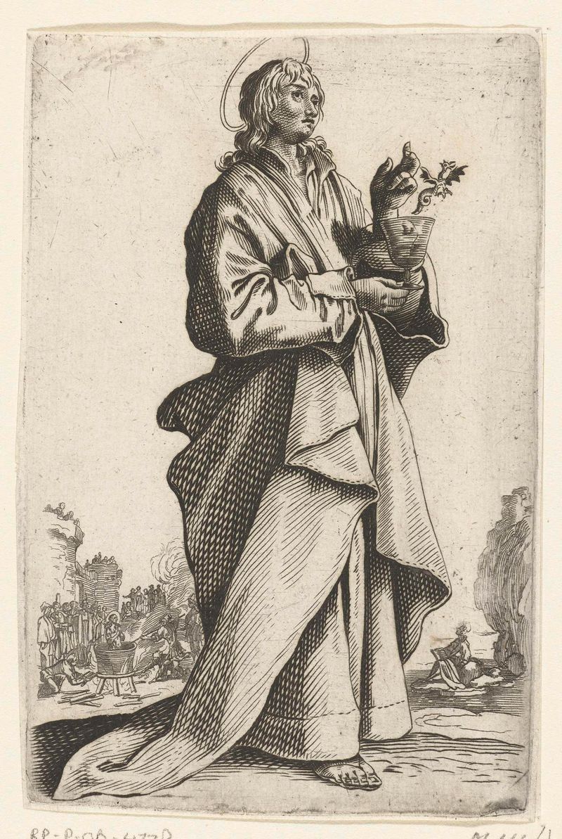 Apostel Johannes de Evangelist, gravura de artista desconhecido, apresentando o evangelista em luz suave.