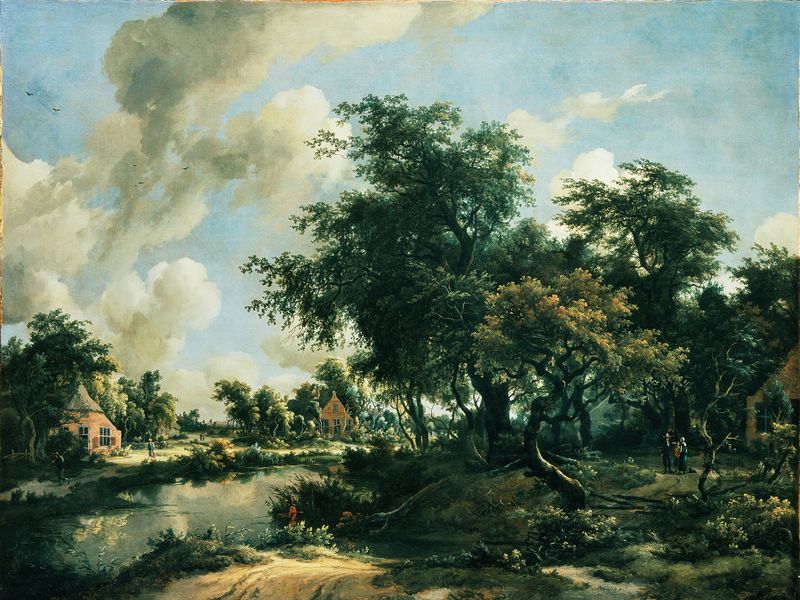 Un paisaje tormentoso con nubes oscuras y un árbol solitario de Meindert Hobbema, pintura al óleo