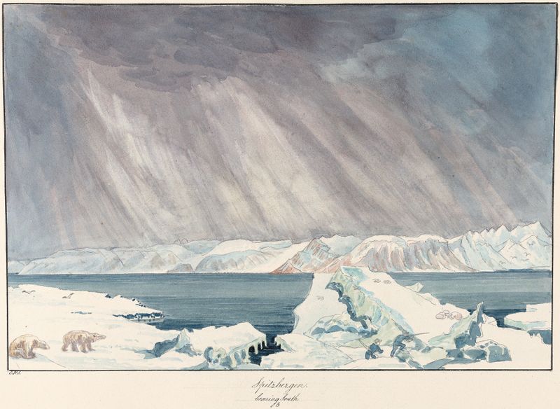 Pintura al óleo de paisaje de Charles Hamilton Smith que muestra un océano tormentoso y el horizonte.