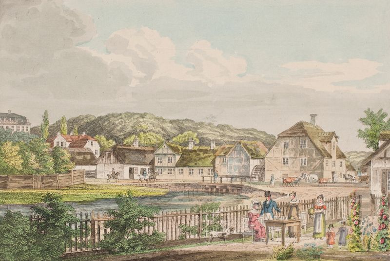 Parti af Frederiksdal by Jens Holm, oil on canvas depicting a serene landscape with vibrant greenery.