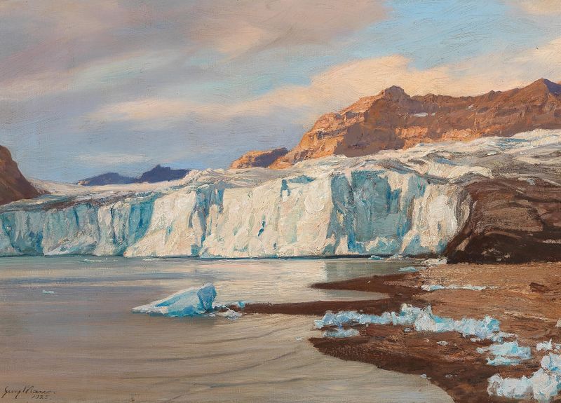 Icy landscape with towering ice formations, oil painting by Georg Macco