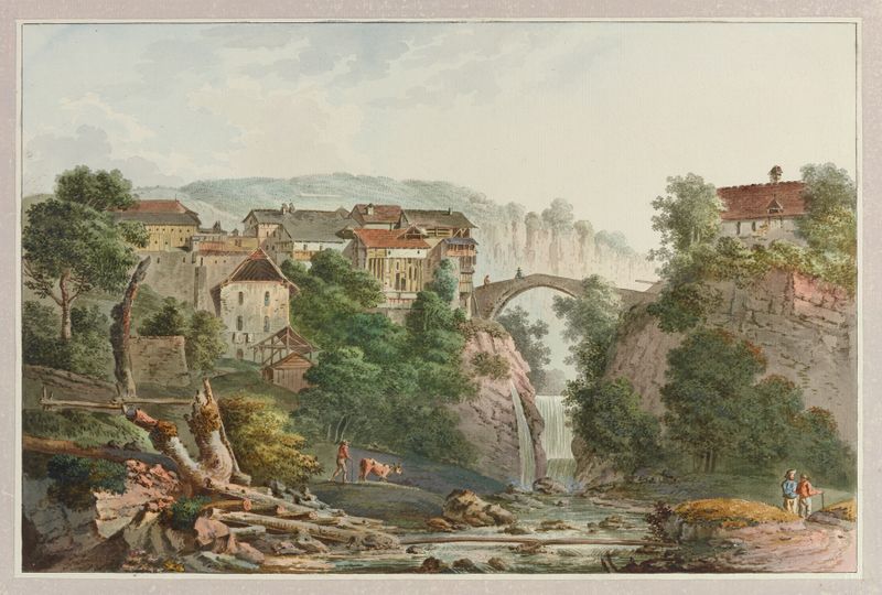 Vue du pont à Montreux, oil on canvas by Joseph Emmanuel Curty depicting a bridge over a river.