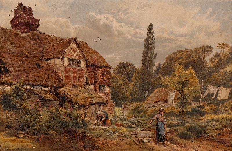 The Old Vicarage by Myles Birket Foster, watercolor on paper depicting a vicarage and garden.