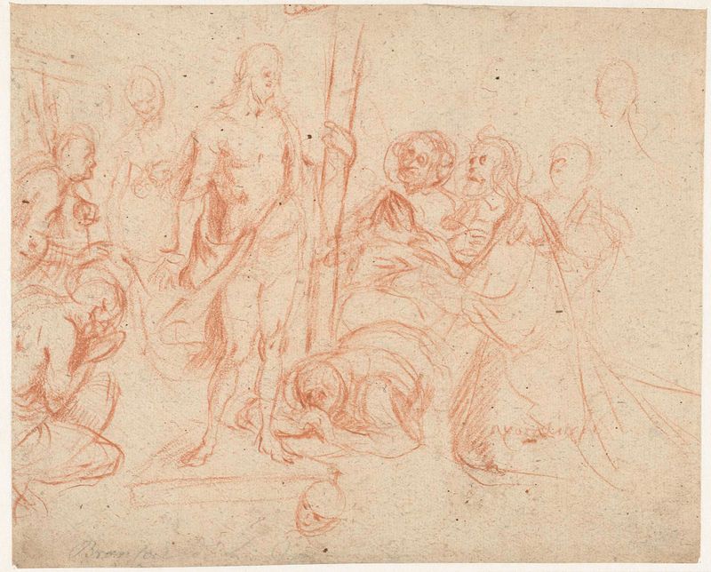 Christus met het kruis, papel de Jan Gerritsz. van Bronckhorst, que muestra a Cristo y figuras arrodilladas.