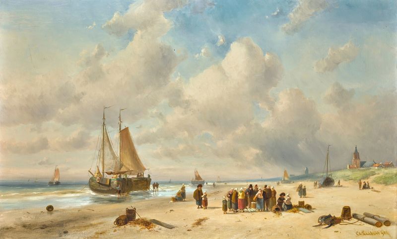 Fisherfolk On The Beach by Charles Leickert, oil on canvas depicting fishermen preparing their catch by the ocean