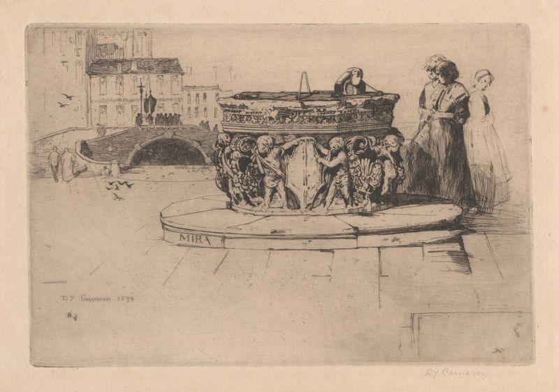 A Venetian Fountain de David Young Cameron, aquarela sobre papel, retratando uma cena tranquila de uma fonte em Veneza