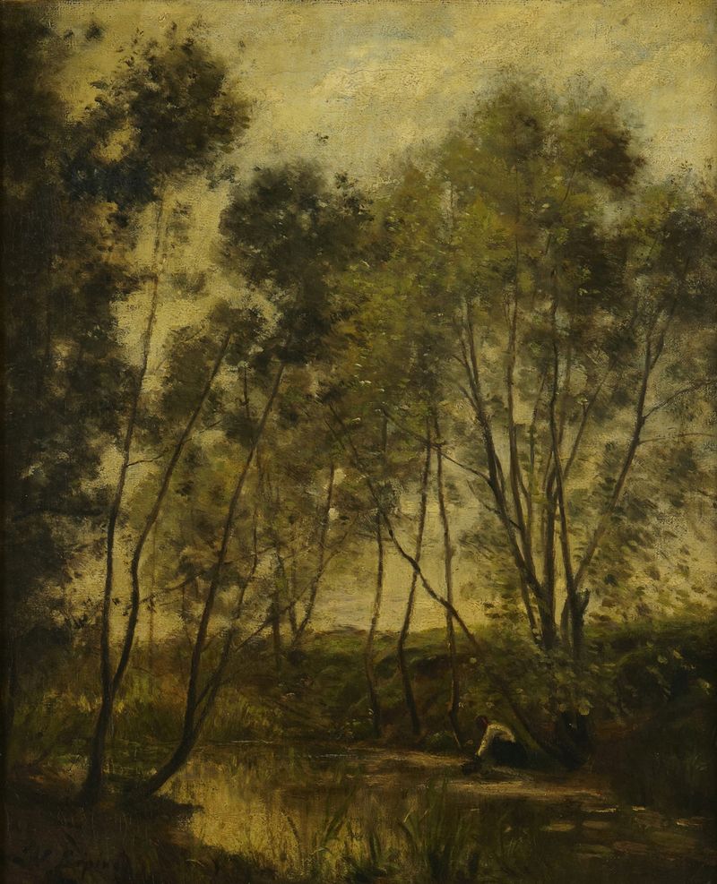 Mulher ao lado de um riacho, óleo sobre tela de Stanislas Lépine, retratando uma figura em um ambiente natural tranquilo.