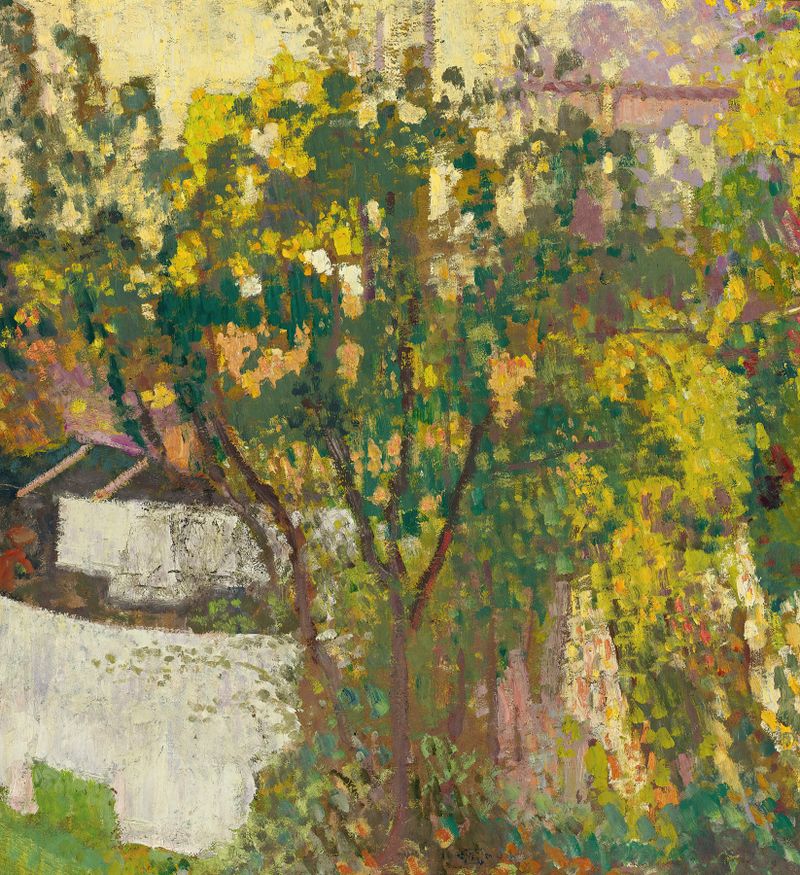 Post-Impressionism landscape by Georges Lemmen featuring a large tree with golden leaves.