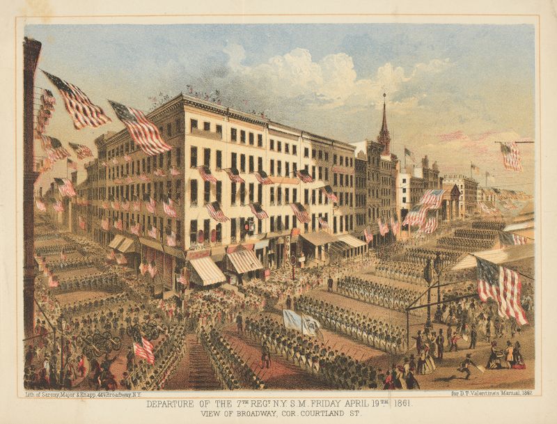 Lithograph by Sarony & Knapp depicting a military farewell scene on Broadway