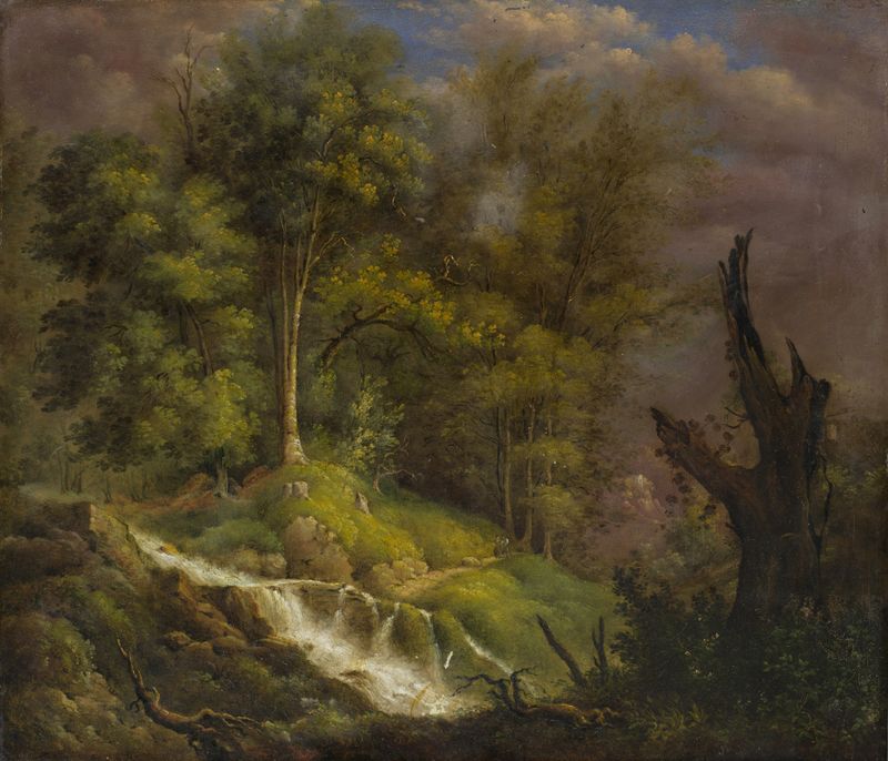 Forest landscape with waterfall by Isaak Fürstenberger, oil painting