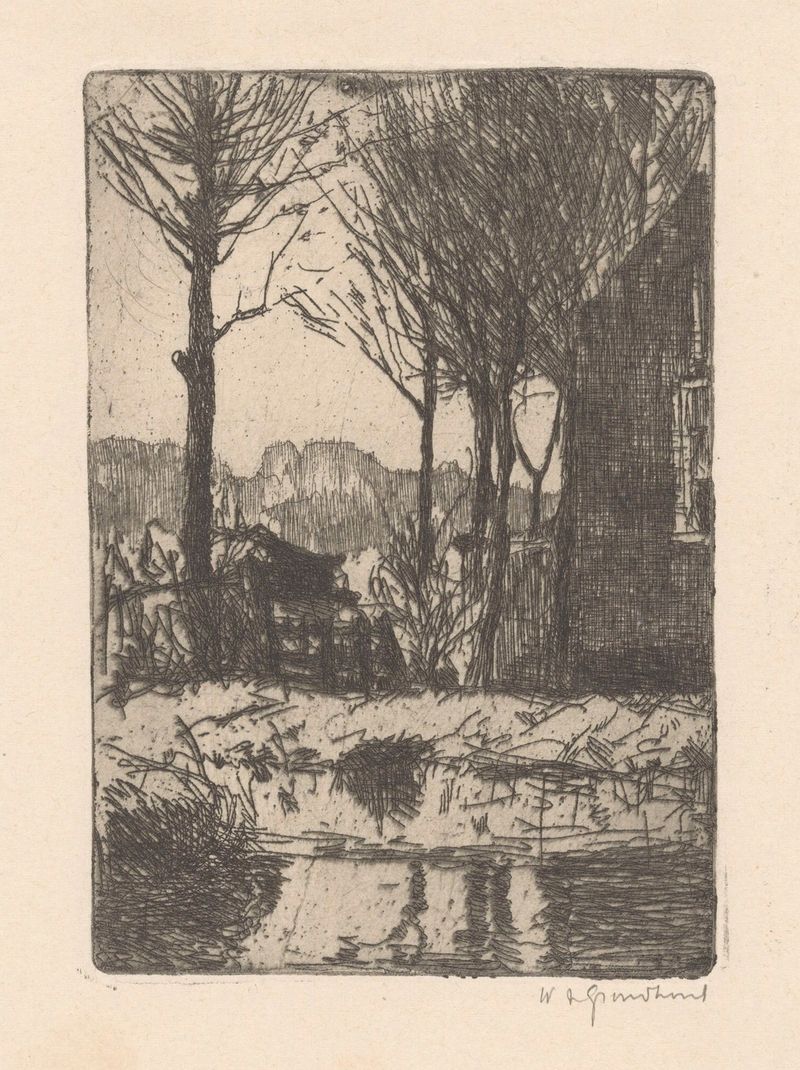 Huis in de Binckhorst in Den Haag, óleo sobre lienzo de Willem Adrianus Grondhout, que representa una casa solitaria y árb...