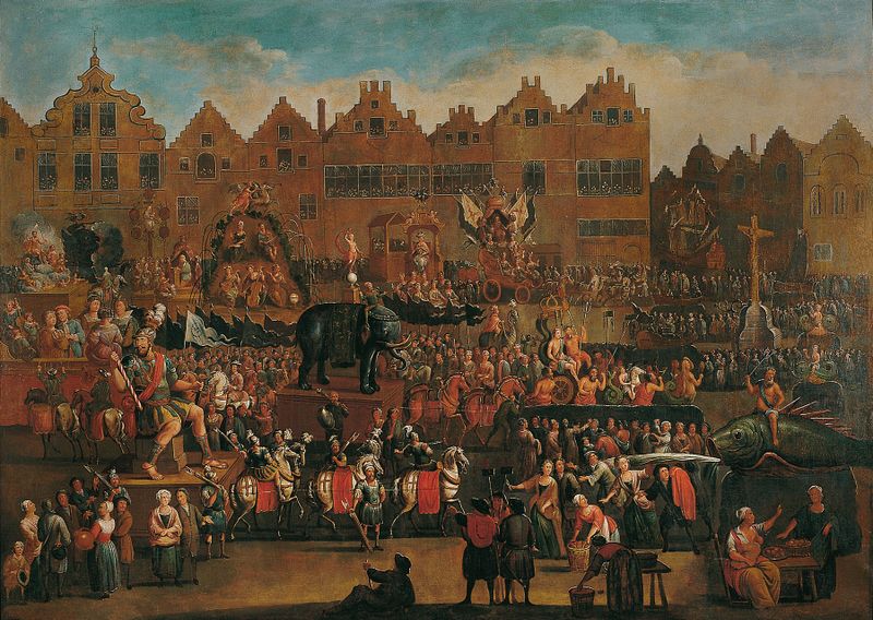 Cena de gênero representando uma colorida procissão de Alexander Casteels II, pintura a óleo