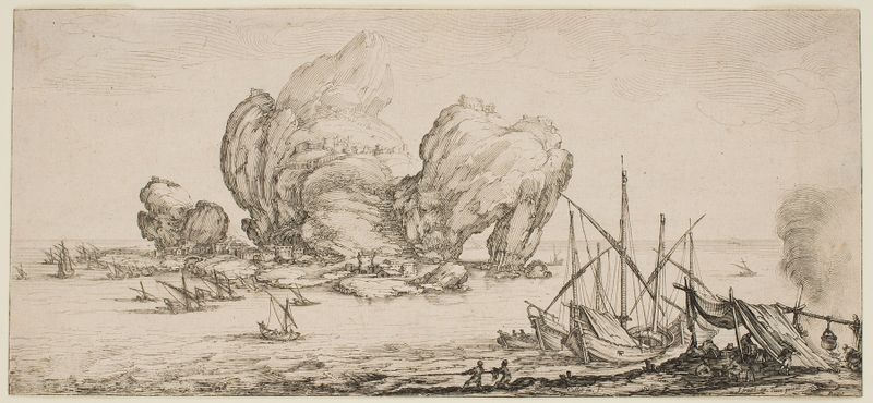 Gravura de Jacques Callot de uma figura diante de uma grande rocha com sombras e fendas