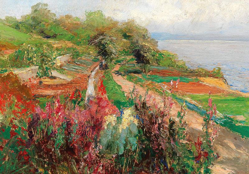Paisagem costeira com ondas e horizonte de Olga Wisinger-Florian, pintura a óleo