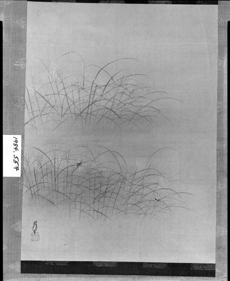 Obra de seda de Kano Chikanobu que representa hierba y un grillo.