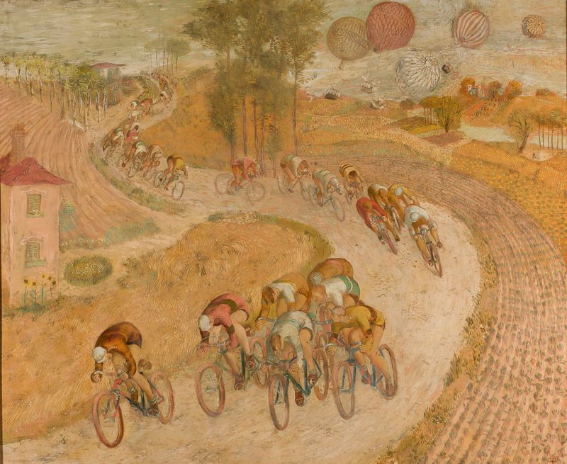 Ciclistas de Jeremi Kubicki, modernismo, representando a dos ciclistas en un camino soleado en un paisaje.