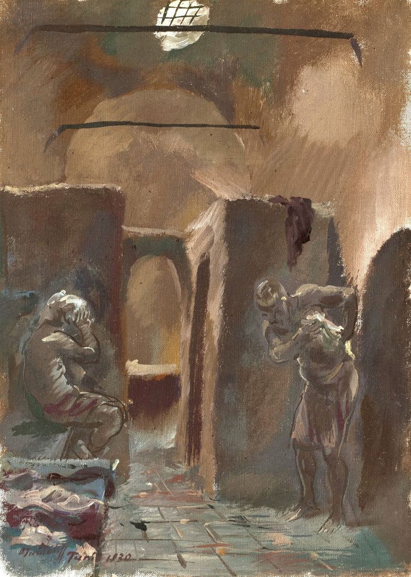 Pintura al óleo de Alexandre Jacovleff que muestra figuras en un hammam con tonos cálidos.