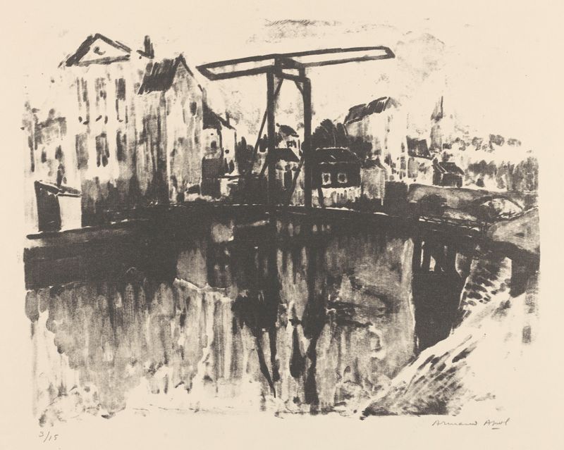 Pont basculant dans une ville by Armand Apol, oil on canvas depicting a bridge in a city landscape.