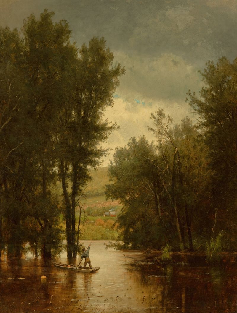 Flood on the Delaware, pintura a óleo de Worthington Whittredge, retratando águas turbulentas e nuvens pesadas.