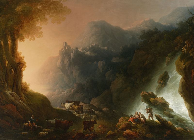 Paisagem de montanha com cachoeira, óleo sobre tela de Franciszek Ksawery Lampi