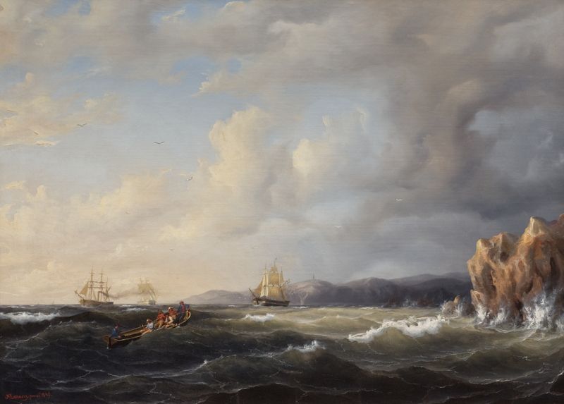 Escena marina con barcos y velas de Marcus Larson, pintura al óleo