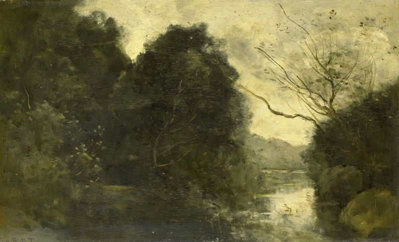 Pond in the Woods by Jean-Baptiste-Camille Corot, oil painting of a serene pond surrounded by trees.
