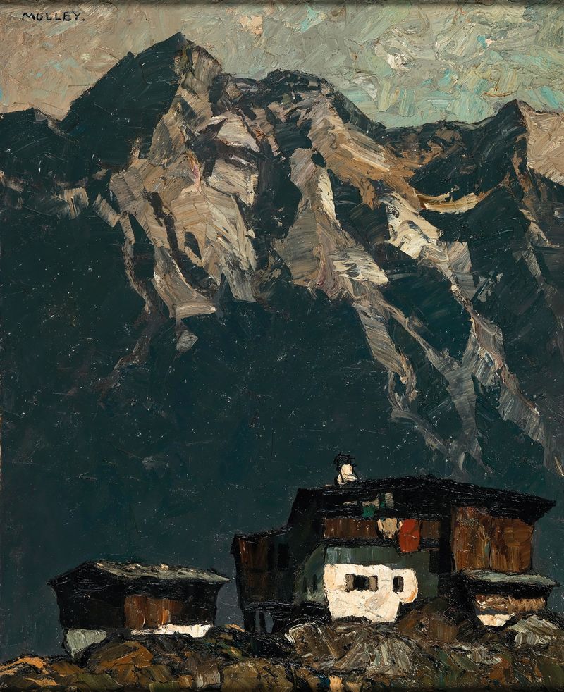 Bauernhof im Hochgebirge by Oskar Mulley, realism, depicting a farmhouse in a mountainous landscape