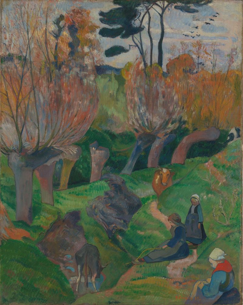 Paisaje de Paul Gauguin, óleo sobre lienzo, con tonos vibrantes y luz dorada.
