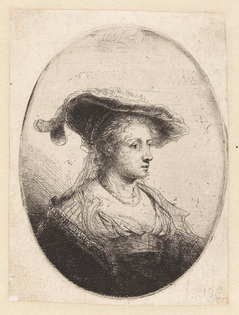 Retrato de una joven con un sombrero, grabado de Ferdinand Bol