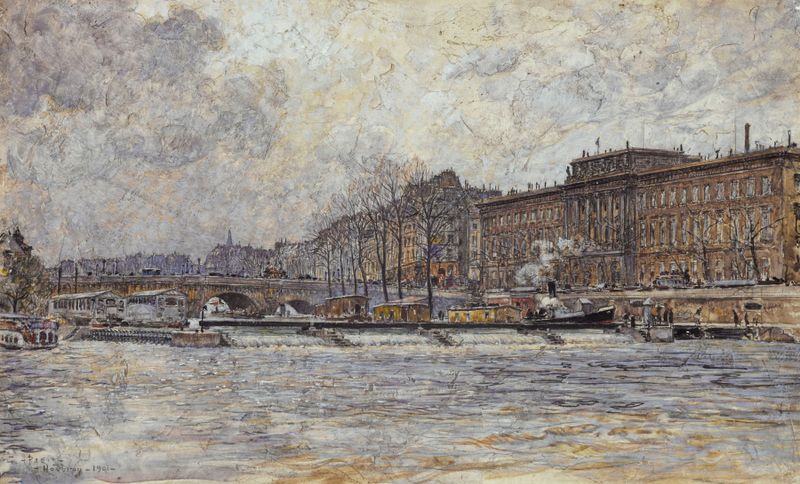 L’Hôtel de la Monnaie et le Pont-Neuf by Frédéric Houbron, depicting a vibrant cityscape, oil painting.