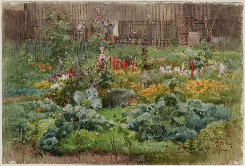 Óleo sobre tela de Félix Brard mostrando um jardim vibrante com flores em flor.