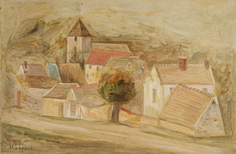 Miasteczko by Tadeusz Makowski, depicting a whimsical village in pastel colors.