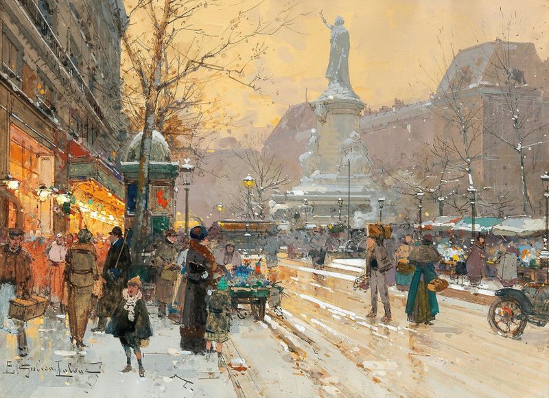 Genre scene of rain in Paris by Eugène Galien-Laloue, unknown medium